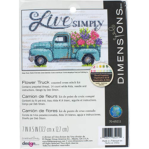 Dimensions Flower Truck Counted Cross Stitch Kit for Beginners, 7" x 5", 14 Cnt. White Aida, 5 5