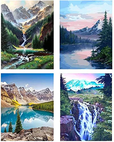 4 Pack Paint by Numbers, Mountains waterfall Paint by Number for Adults Kids Beginner, Painting by Number On Canvas DIY Adult Paint by Number Mountains Waterfall Landscape Oil Painting 12X16 Inch
