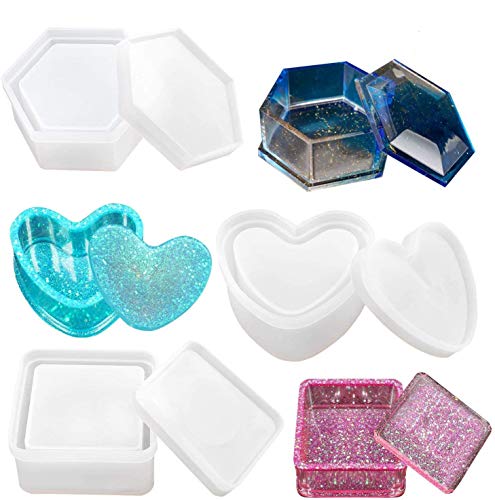 Box Resin Molds, Jewelry Box Molds with Heart Shape Silicone Resin Mold, Hexagon Storage Box Mold and Square Epoxy Molds for Making Resin Molds