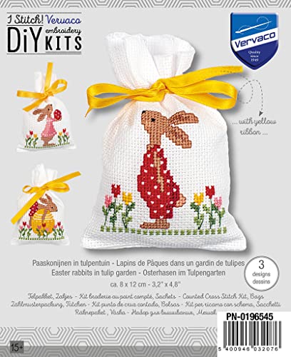 Vervaco Counted Cross Stitch Sachet Bags Kit 3.2"X4.8" 3/Pkg-Easter Rabbits In Tulip Garden (18 Ct) -V0196545