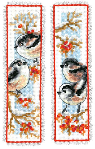 Vervaco Counted Cross Stitch Kit: Bookmark: Long-Tailed Tits & Red Berries: Set of 2, NA, 6 x 20cm