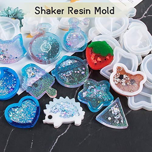 FineInno 11Pcs Quicksand Resin Casting Molds,Resin Art Shaker Mold, Crystal Silicone Hollow Mold Epoxy Pendant Mold Heart, Star, Moon, Bottle,Cat Head
