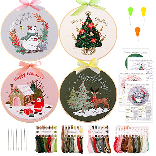 4 Sets Christmas Embroidery Starter Kit with Pattern for Beginners, Embroidery Kits with Christmas Pattern, Cross Stitch Set with 4 Plastic Embroidery Hoops, Color Threads, Tools and Instructions