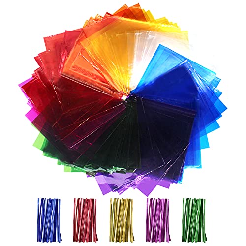 Cinvo Multi-Colored Cellophane Sheets 160 Pcs See Through Colorful Sheets with Twist Ties Cello Wraps Transparency Sheet for DIY Arts and Crafts, Treats Candy Wrapping Party Supplies (7.5 x 7.5 Inch)