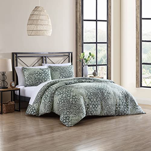 Stone Cottage - Queen Comforter Set, Reversible Cotton Bedding with Matching Shams, All Season Home Decor (Abingdon Dark Green, Queen)