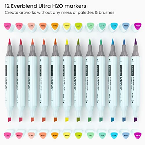ARTEZA Dual Tip Brush Pens, 12 Pastel Tones, EverBlend Watercolor Calligraphy Markers, Nylon Brush and Medium Chisel Tip, Water-Based Ink