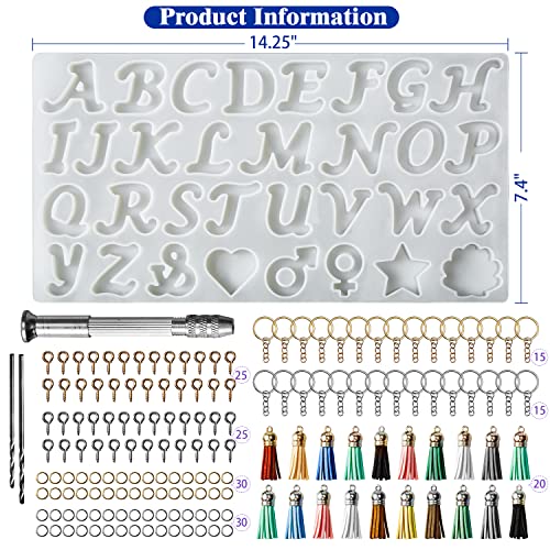 ISSEVE 164Pcs Obverse Alphabet Resin Molds Kit, Silicone Molds for Resin Casting DIY, Letter & Ornament Epoxy Molds Resin Keychain Making Set with 1 Hand Drill 2 Drill Bits 160Pcs Keychain Supplies