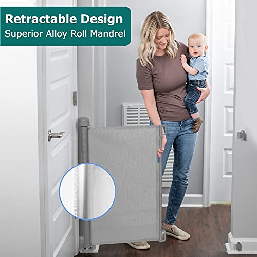 YOOFOR Retractable Baby Gate, Extra Wide Safety Kids or Pets Gate, 33” Tall, Extends to 71” Wide, Mesh Safety Dog Gate for Stairs, Indoor, Outdoor, Doorways, Hallways (Grey, 33"x71")