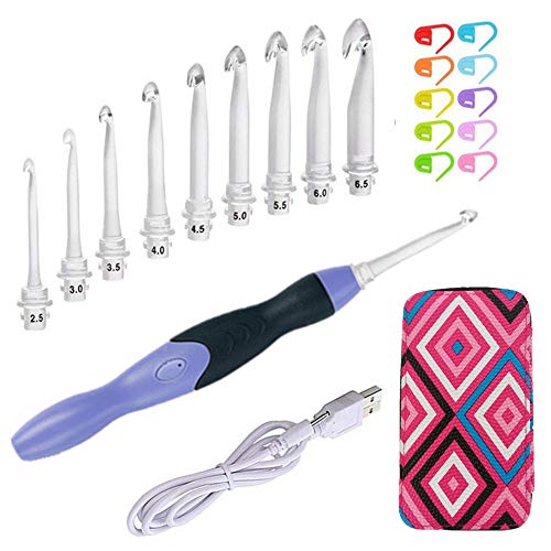 Lighted Crochet Hooks Set- Rechargeable Crochet Hook with Latest Case, 9 in 1 Interchangeable Heads Light Crochet Hooks with Accessories