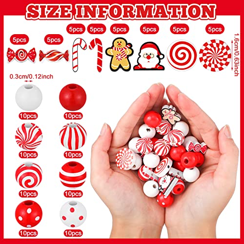180 Pcs Christmas Wooden Beads Candy Cane Wooden Beads 16 mm Red White Christmas Dotted Striped Wood Beads Round Craft Beads with Rope for Holiday DIY Craft Garland Jewelry Making Party Home Decor