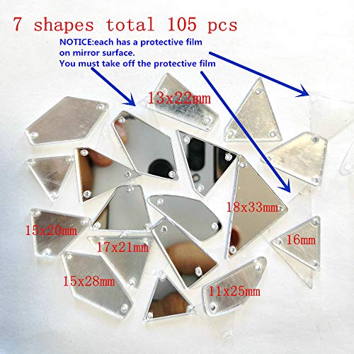 105pcs Mix Mirror Silver Loose Beads DIY Sew on Clothes Clothing Crystals Decorative Costumes Rhinestones Stone Strass Mirror Sewing for DIY Dance Party Evening Wine Ball Dresses Bags Shoes