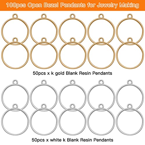 100pcs Open Bezels for Resin,Hollow Mold Pendants Blank Resin Pendants Open Bezel Pendants Backs Geometric Pressed Flower Frame for Jewelry Making,DIY Resin Crafts(K Gold,White K)