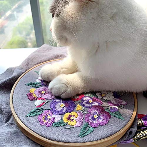 Full Range of Embroidery Kit with Pattern, Kissbuty Cross Stitch Kit Including Embroidery Fabric with Floral Pattern, Bamboo Embroidery Hoop, Color Threads and Tools Kit (Viola Cornuta Flowers)