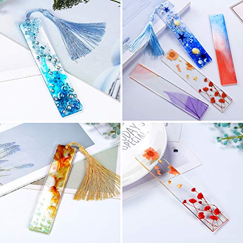 6 Pack DIY Bookmark Resin Mold Rectangle Bookmark Silicone Molds with 24 Pieces Colorful Tassels for Jewelry DIY Craft (6)