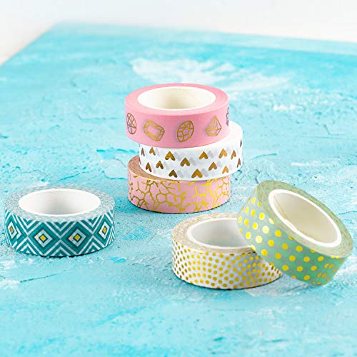 Piokio 6 Rolls Gold Foil Paper Tape Set, Cute Washi Tape, Masking Tape for Gift Wrapping, Scrapbooking, Valentine's Day, Home, Party Decor