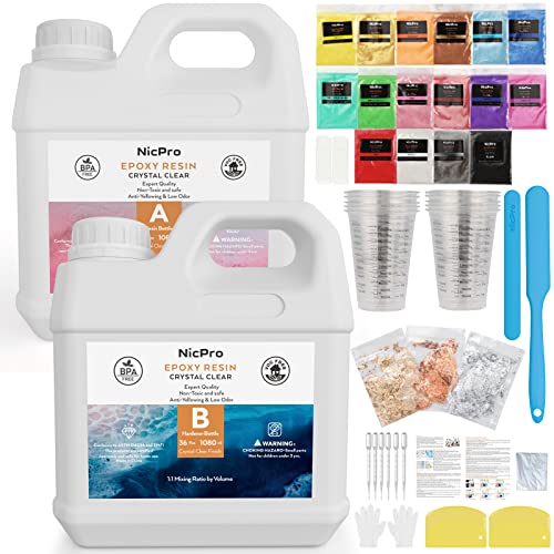 Nicpro 72OZ Crystal Clear Epoxy Resin Kit, Casting and Coating Art Resin Supplies for Craft Tabletop, Jewelry Making, Molds, Art Painting with 16 Mica Powder, Gold Foil Flakes, Measuring Cups and More