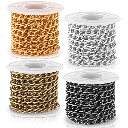 4 Rolls 39.4 Feet in Total Aluminium Curb Chains Twisted Links Curb Chain Spool Jewelry Making Chains for Bracelet Necklace Jewelry Making (Gold, Silver, Bronze, Gun Black)
