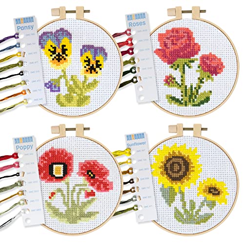 Cross Stitch Kits for Beginners (Flower Theme - 6.75 Inch - 4 Pack 1 x Embroidery Hoop) DIY Embroidery Needlepoint Patterns for Adults, Includes Poppy, Rose, Sunflower and Pansy. Complete Set Included