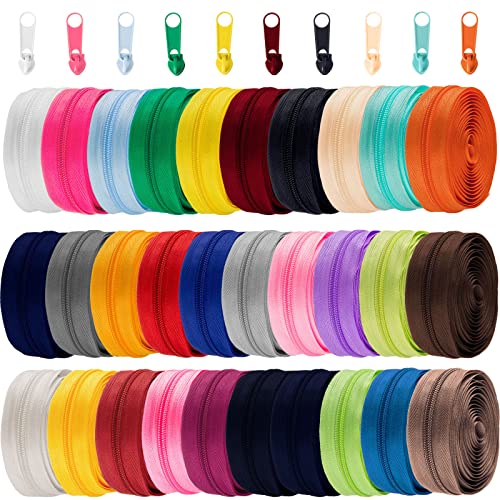 90 Yards 30 Pcs Zipper by The Yard #5 Nylon for Sewing Assorted Color Nylon Coil Zipper with 300 Zipper Sliders Heads for DIY Tailor Sewing Crafts Supplies, 30 Color