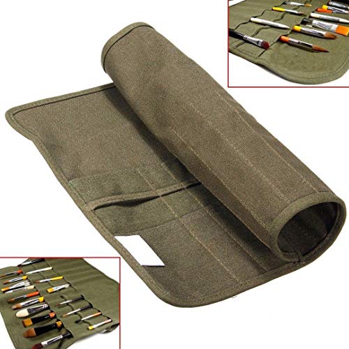 22 slots Paint Brush Case Canvas Paint Brush Holder, Roll Up Storage Bag Holder Canvas Wrap for Acrylic Watercolor Oil Face Brush - Army Green