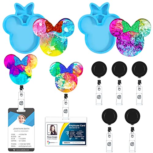 Juome Resin Molds Badge Reels, 2 Pcs Mouse Head Bow Silicone Molds for Epoxy Resin Casting with 5 Pcs Retractable Badges Clips, DIY Crafts Badge Holder Making