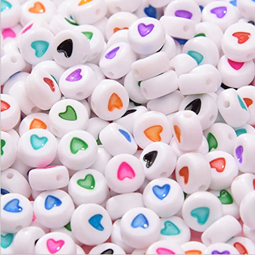 200pcs White Acrylic Flat Round Heart Beads 7mm Pony Disc Coin with Multicolor Enamel Heart Loose Beads Spacers for DIY Jewelry Bracelet Making