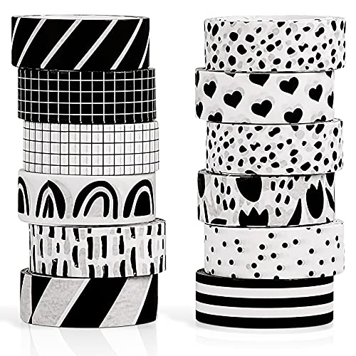Outus 12 Rolls Washi Tape Set Black White Paper Thin 15 mm Wide 7 Meters Long Decorative Craft Adhesive Masking Tape Washi Tape Black White Strip for DIY Wrapping Decoration (Stylish Style)