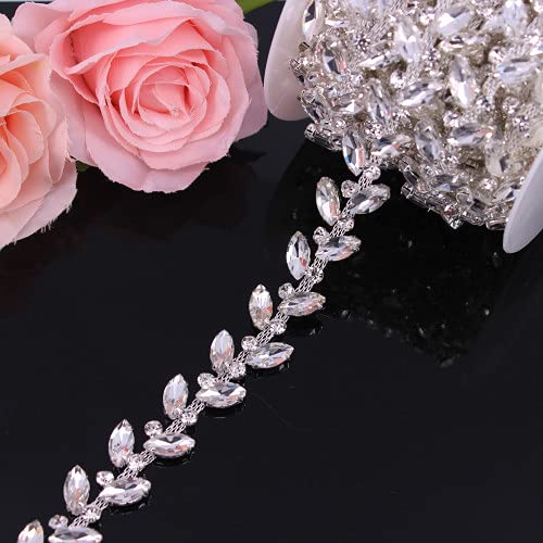 Phicmanlo 1 Yard AB Rhinestone Close Chain Trimming Applique for Sewing Craft, Jewelry Making, DIY Crafts Wedding Party Embellishments (Silver)