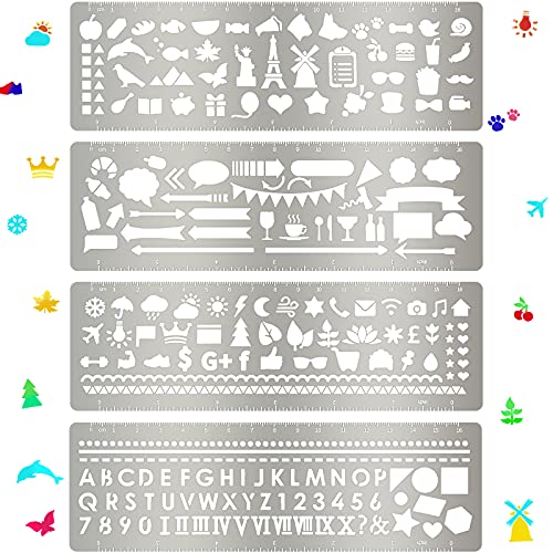 4 Pieces Metal Stencil Bookmark Metal Journal Stencil Ruler Stainless Steel Stencils Kit Metal Notebook Stencil Templates for DIY, Engraving, Painting, Scrapbooking, 7.1 x 2.3 Inch (Geometry Style)