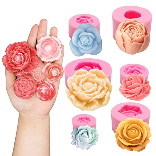 6PCS 3D Flower Fondant Molds Set, Rose Silicone Molds for Candle Soap Making, Handmade Cake Dessert Decoration Chocolate Cupcake Candy Ice Mold, Resin Concrete Art Crafts Accessories