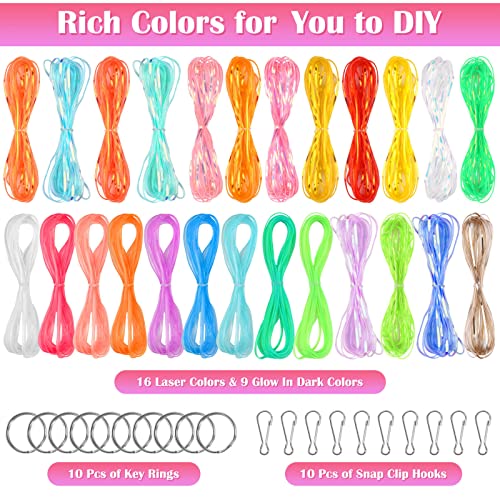 Lanyard String Kit, Cridoz 25 Bundles Gimp String Plastic Lacing Cord with 20pcs Snap Clip Hooks and Keyrings for Boondoggle Crafts, Bracelets and Lanyard Weaving (Laser Colors & Glow in Dark Colors)