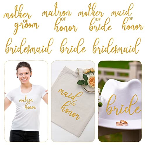 13 Pieces Gold Bride Iron on Heat Transfer Vinyl Set Bridesmaids Iron on Decals Bride Decal for Shirt Maid of Honor Heat Transfer on Vinyl Stickers HTV for Wedding Party Bags Clothes T Shirt