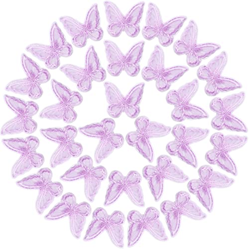 PAGOW 30pcs Butterfly Lace Trim, Double Layers Organza Fabric Embroidery Sewing Craft Decor Applique Patches for Wedding Bride Hair Accessories Dress Decoration (Purple)