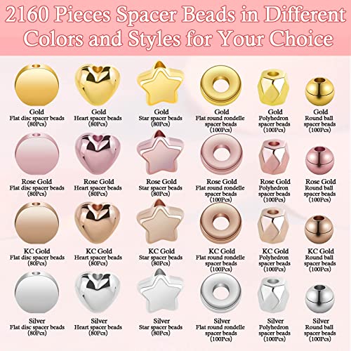 2160 Pieces Gold Spacer Beads Set, Assorted Bracelet Beads Round Beads Star Beads Gold Beads for Bracelet Jewelry Making(Gold, Sliver, Rose Gold, KC Gold)