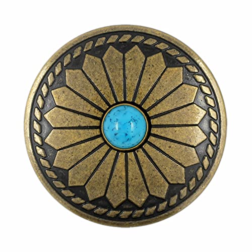 Bezelry 8 Pieces Diamond Flower Assembled with Artificial Turquoise Metal Shank Buttons. 33mm(1-5/16 inch) (Antique Brass)