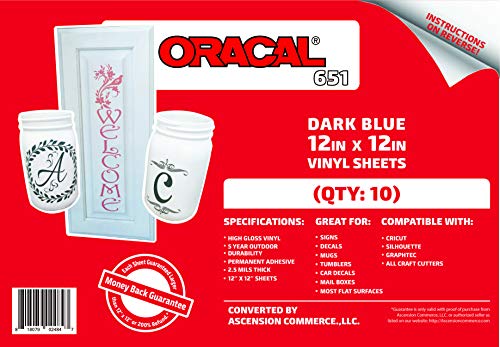(10 Sheets) Oracal 651 Dark Blue Adhesive Craft Vinyl for Cricut, Silhouette, Cameo, Craft Cutters, Printers, and Decals - 12" x 12" - Gloss Finish - Outdoor and Permanent