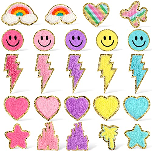 24 Pcs Iron on Patches Colorful Face Patches Cute Chenille Embroidered Patches Rainbow Heart Smile Face Castle Anchor Star Patches Applique Sew on Patches for Clothing Fabric Jackets (Fresh Style)