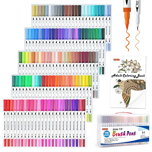 120 Colors Dual Tip Brush Art Marker Pens with 1 Coloring Book, Shuttle Art Fineliner and Brush Dual Tip Markers Set Perfect for Kids Adult Artist Calligraphy Hand Lettering Journal Doodling Writing.