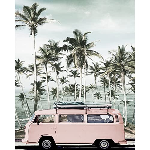 Tucocoo Coastal Scenery Paint by Numbers Kits 16 x 20 inch Canvas DIY Oil Painting for Kids, Students, Adults Beginner with Brushes and Acrylic Pigment - Palm Pink Car Photo (Without Frame)