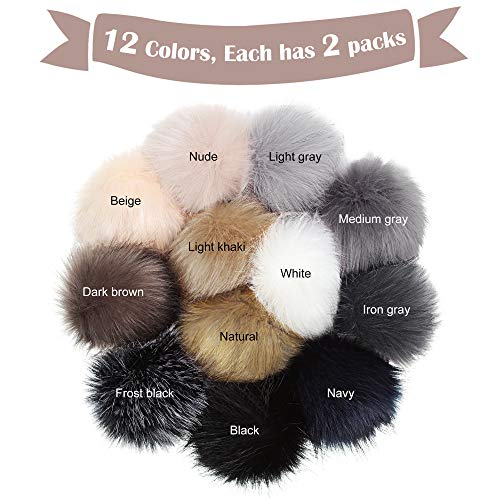 24 Pieces Faux Fur Pom Pom Balls with Elastic Loop DIY Faux Fur Fluffy Pompoms Ball with Rubber Band Knitting Accessories for Hats Shoes Scarves Bags Keychain Charms (Dark Color)