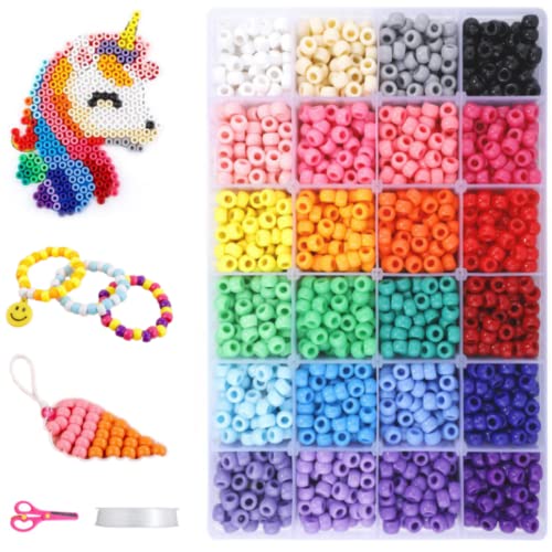 Fire Beetle Pony Beads 9mm 4500+ pcs Rainbow Assorted Kandi Pony Beads Craft Set for Bracelet Jewelry Making Kit,Hair Beads Beader Tool for Braids for Girls with Scissors, Letter Beads, Elastic String