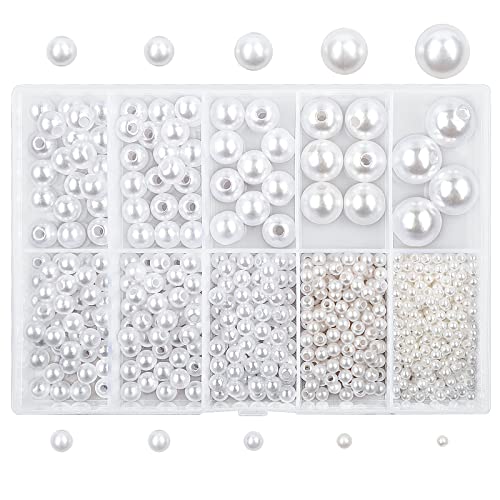 750 Perforated White Pearl Beads 3mm 4mm 5mm 6mm 8mm 10mm 12mm 14mm Round Imitation Glass Pearls Bulk Spacer Beading Supplies for DIY Jewelry Making Necklaces Bracelets Earrings
