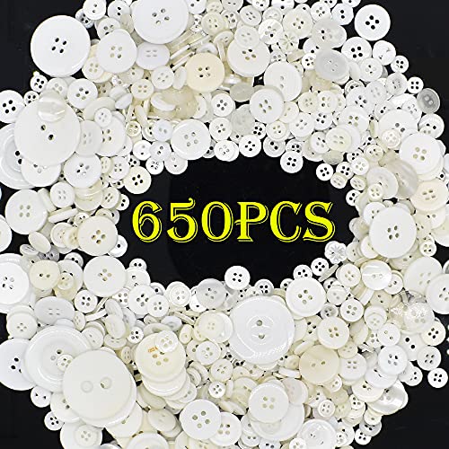 650Pcs Colourful Resin Buttons for DIY Sewing DIY Decoration Scrapbook Crafts Children's Manual Button Painting School Project Assorted Sizes (White)