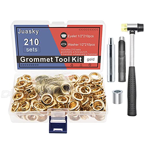 1/2 Inch Grommet Kits, 210 Sets Gold Sewing Eyelets Sets, Metal Grommet Tool Kits with Installation Tool for Leather, Fabric, Curtain,Clothes, Belt, Shoes
