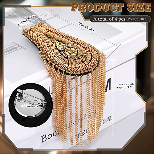 4 Pieces Metal Tassel Link Chain Epaulet Beaded Crystal Shoulder Boards Badge Punk Rivet Shoulder Jewelry Epaulettes Shoulder with Pins for Men and Women Uniform Accessories (Stylish Style, Gold)