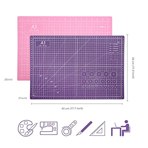 Self Healing Cutting Mat 18"x12" Non-Slip PVC Double Sided 5-Ply A3 Art Craft Rotating Mat, Rotary Cutting Mat for Quilting, Sewing Crafts Hobby Fabric Precision Scrapbooking Project(Pink/Purple)