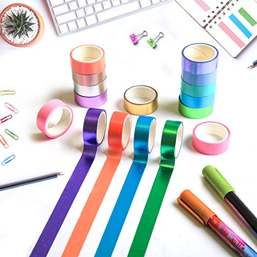 MPOPUUL Colored Decorative Washi Tape Set - 16 Rolls Gold Foil Macaron Colors Masking Tape, Cute Rainbow Japanese Paper Tapes for Bullet Journals, Scrapbooking & Crafts Supplies,15mm Wide