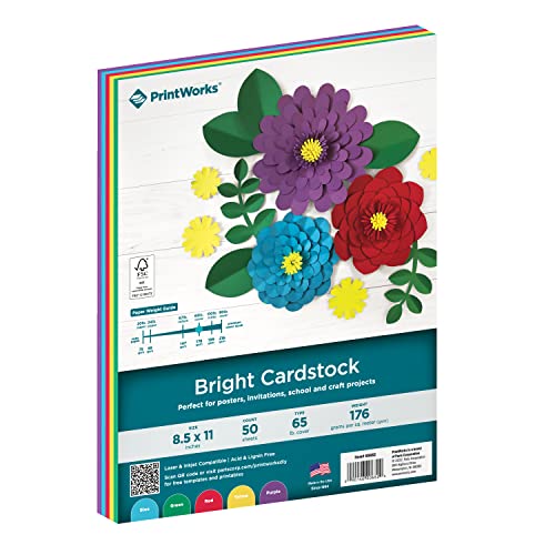 Printworks Bright Cardstock, 65 lb, 4 Assorted Bright Colors, FSC Certified, Perfect for School and Craft Projects, 50 Sheets, 8.5” x 11” (00682)