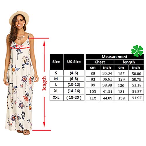 OURS Women's Summer Casual Floral Printed Bohemian Spaghetti Strap Floral Long Maxi Dress with Pockets (Small, A-White)