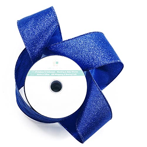CT CRAFT LLC Glitter Wired Ribbon forChristmas, Home Decor, Gift Wrapping, Tree Topper Bow, Wreath, DIY Crafts DIY Crafts, 2.5 Inch x 10 Yards x 1 Roll, Blue